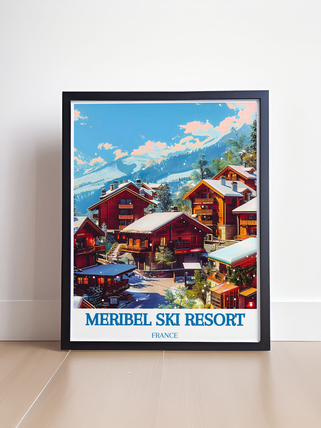 Elegant framed print showcasing Meribel Village with a classic retro skiing design. This artwork captures the allure of Meribel France and the excitement of winter sports, ideal for your living room decor.