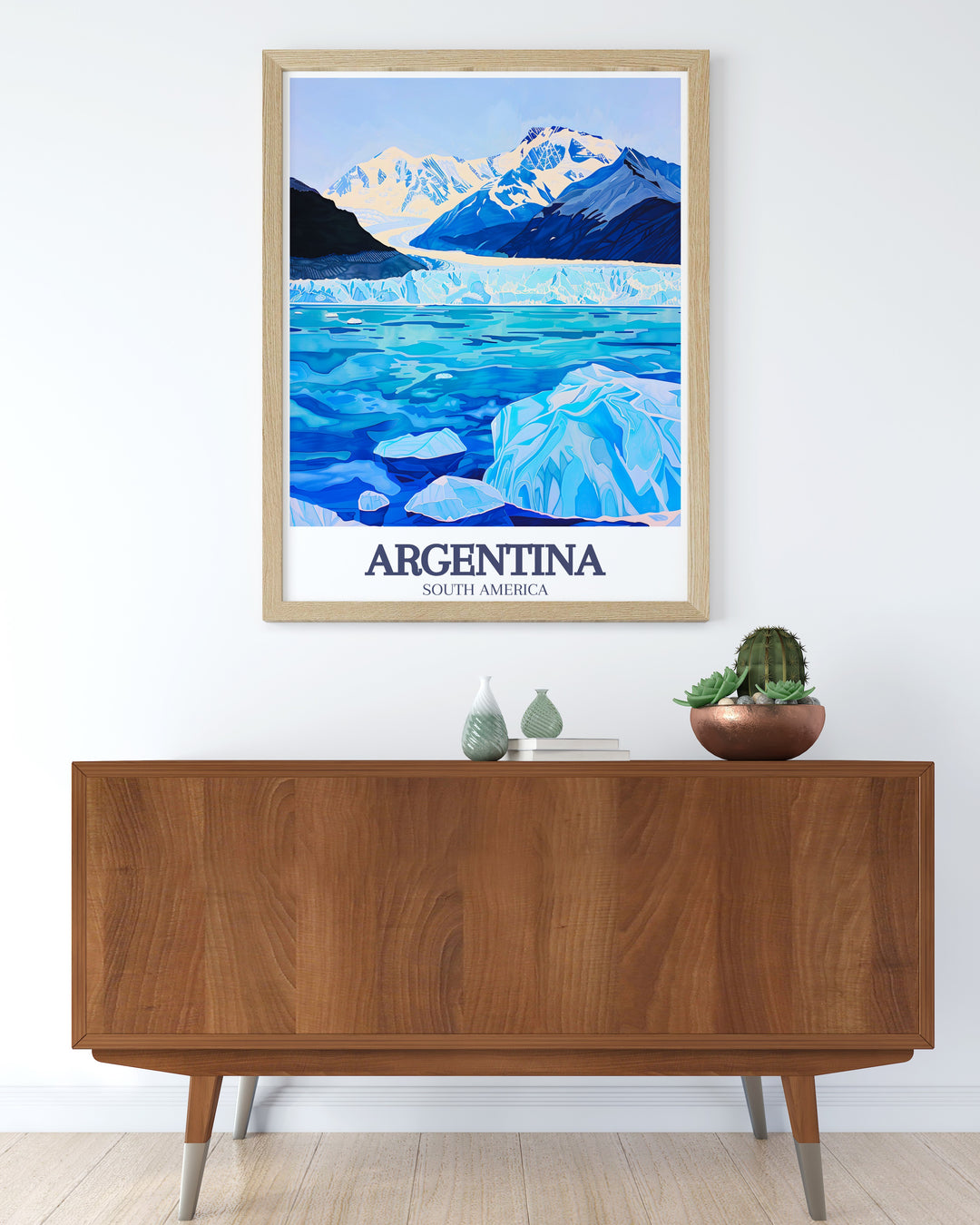 Vintage style Perito Moreno Glacier, Los Glaciares National Park print ideal for those who appreciate classic and timeless art. This Argentina poster brings the majestic glacier to life, adding a touch of elegance to your decor.