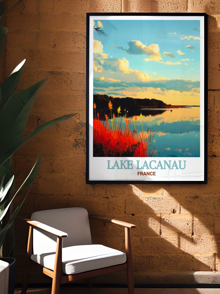 Featuring the serene landscapes of Lake Lacanau and the Réserve Naturelle de lÉtang de Cousseau, this travel print offers a beautiful depiction of Frances natural charm. Perfect for those who love nature and French landscapes.