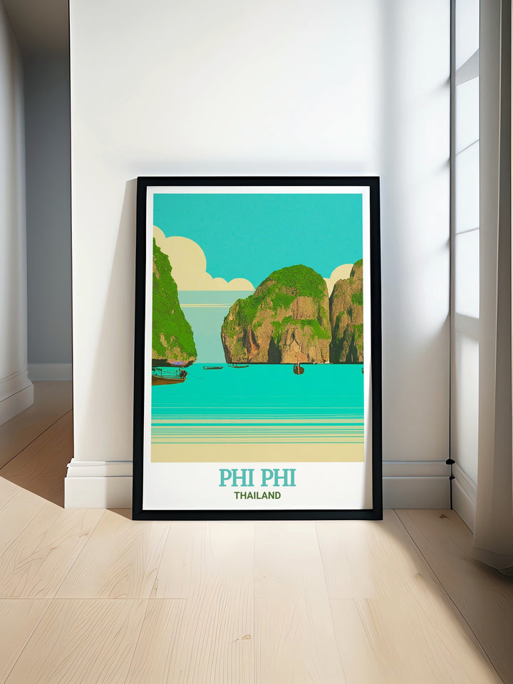 Maya Bay wall art showcasing the tranquility of Phi Phi Islands, Thailand, with its iconic limestone cliffs and turquoise waters. This framed art piece is a beautiful addition to any room, offering a glimpse of Thailands serene landscapes.