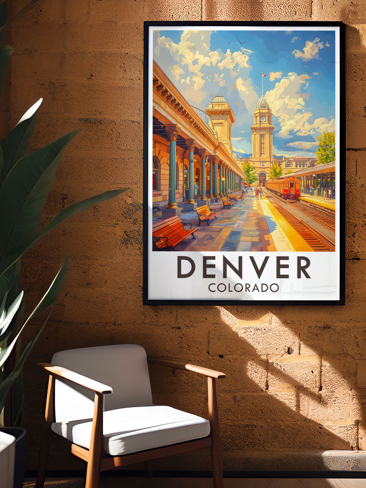This vintage inspired travel poster highlights Vail Ski Resorts picturesque winter scenery and snowy slopes, ideal for winter sports enthusiasts and decor lovers.