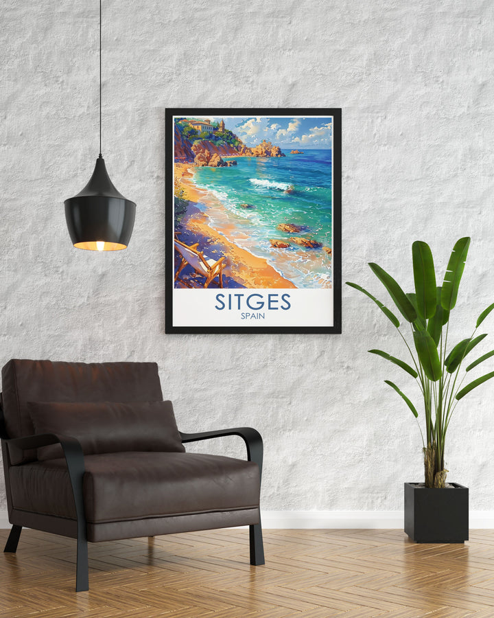 This travel poster highlights the picturesque streets of Sitges, inviting viewers to imagine a stroll through its vibrant culture and historic architecture, ideal for those who love Spanish coastal towns.