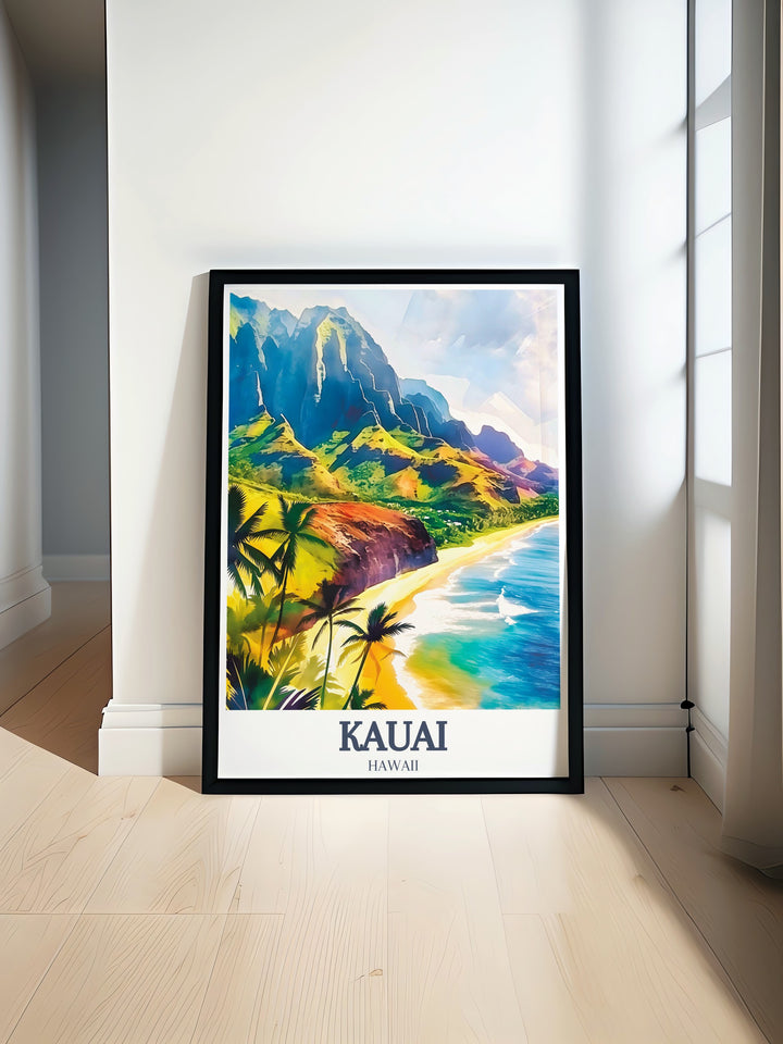 Kauai travel poster featuring the Na Pali Coast and Poipu Beach offers stunning wall art for your home and is perfect for gifts. Add Hawaiis beauty to your decor with this elegant piece showcasing the lush landscapes of Na Pali Coast and Poipu Beach in Kauai.