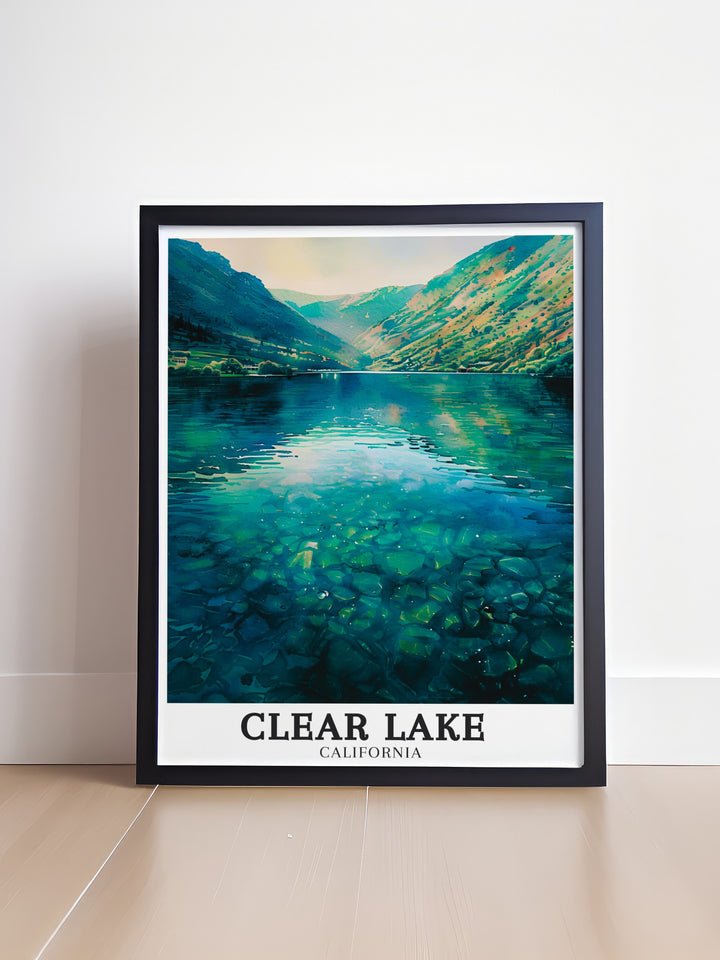 This Clear Lake artwork highlights the tranquility of the lake, juxtaposed with the dramatic Coast Ranges. It is a must have for any nature enthusiast or anyone who enjoys the beauty of Californias diverse geography.