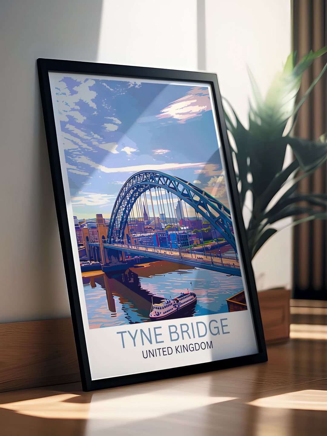 Newcastle Poster with Tyne Bridge as the centerpiece offering a blend of vintage and modern aesthetics. This architecture print is a beautiful representation of the cityscape making it an ideal framed print for those who love Newcastles rich history