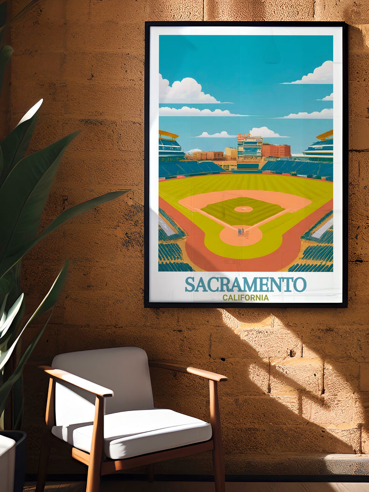 Modern Sacramento Print showcasing Raley Field in a fine line street map design bringing a touch of sophistication and elegance to your home decor a perfect addition to any room