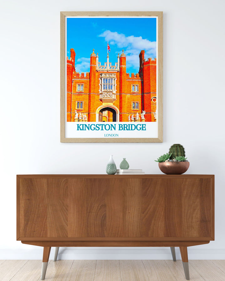 This detailed illustration of Kingston Bridge and Hampton Court in London offers a captivating view of their historical importance and elegant design.
