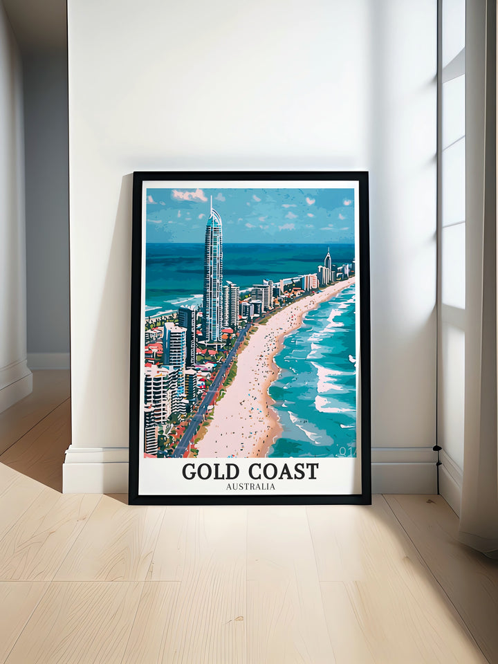 The Gold Coast travel print beautifully encapsulates the essence of beach life and the vibrant skyline. From the golden sands to the iconic cityscape, this print brings a touch of Queenslands renowned coastal energy into your home decor, perfect for beach lovers and world travelers.