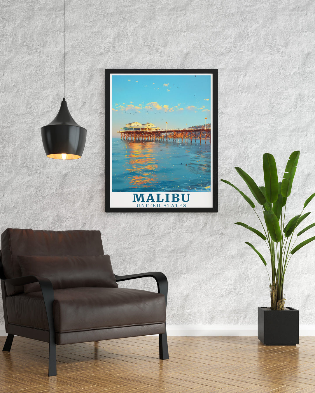 Transport yourself to the shores of Malibu with this stunning travel print. Featuring the Malibu Pier against a backdrop of blue ocean, this poster brings a piece of Californias coastal lifestyle into your home.