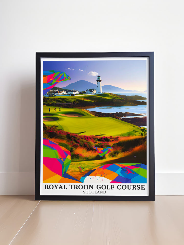 This beautiful golf course print of Royal Troon with the Ayrshire coastline and Isle of Arran in the background celebrates the rich history of Scottish golf courses and is an excellent gift for golfers and a unique piece of golf home decor