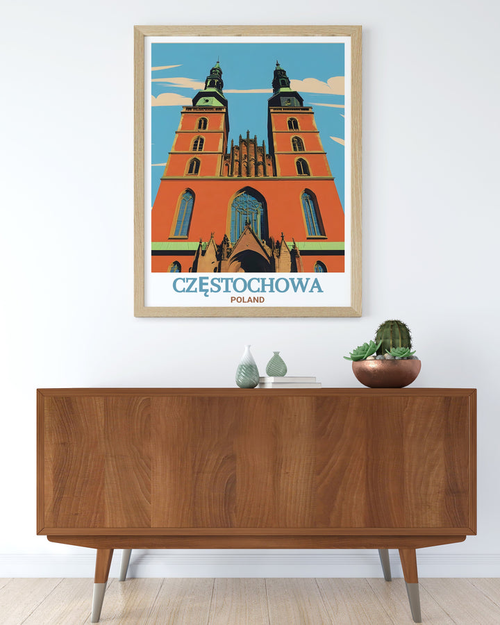 Our Poland poster features the Cathedral of the Holy Family in Częstochowa, a breathtaking example of religious architecture. This travel art print is perfect for those who appreciate the spiritual and architectural significance of Polands cultural heritage.