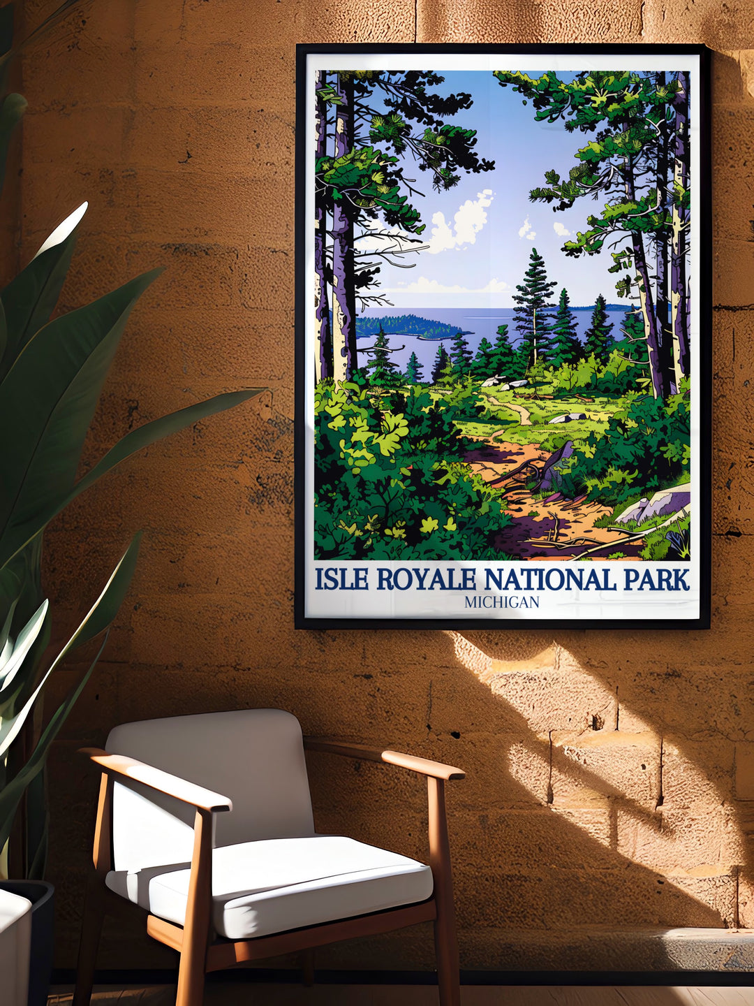 This vibrant travel print showcases the enchanting landscapes of Isle Royale National Park. The artwork beautifully illustrates Rock Harbor, featuring its tranquil waters and lush surroundings, making it a perfect addition to any nature lovers collection.