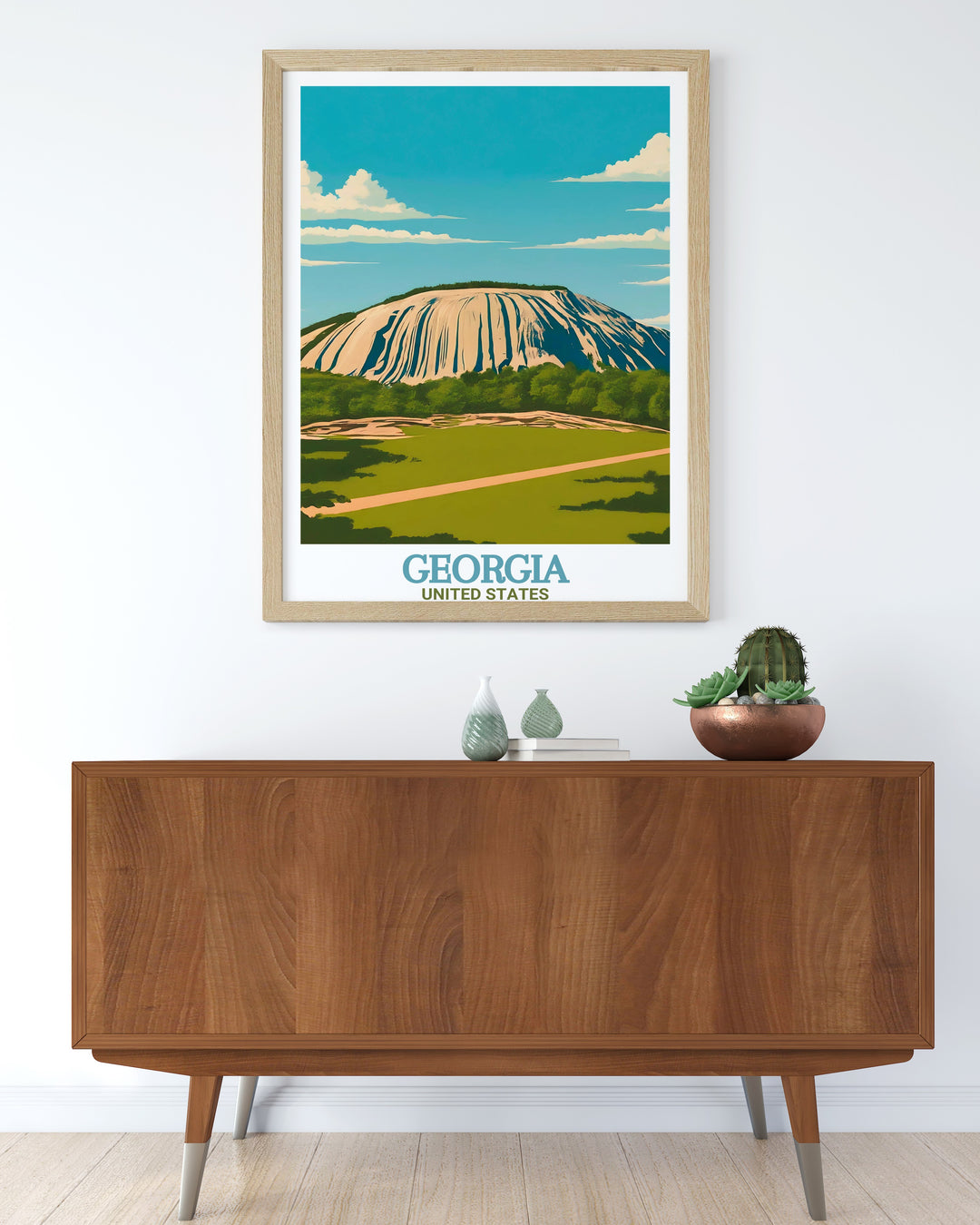 Highlighting the beauty of Stone Mountain Park and the urban charm of Atlanta, this travel print brings together two of Georgias most beloved landmarks. Ideal for nature enthusiasts and city lovers alike, this artwork makes a thoughtful gift.