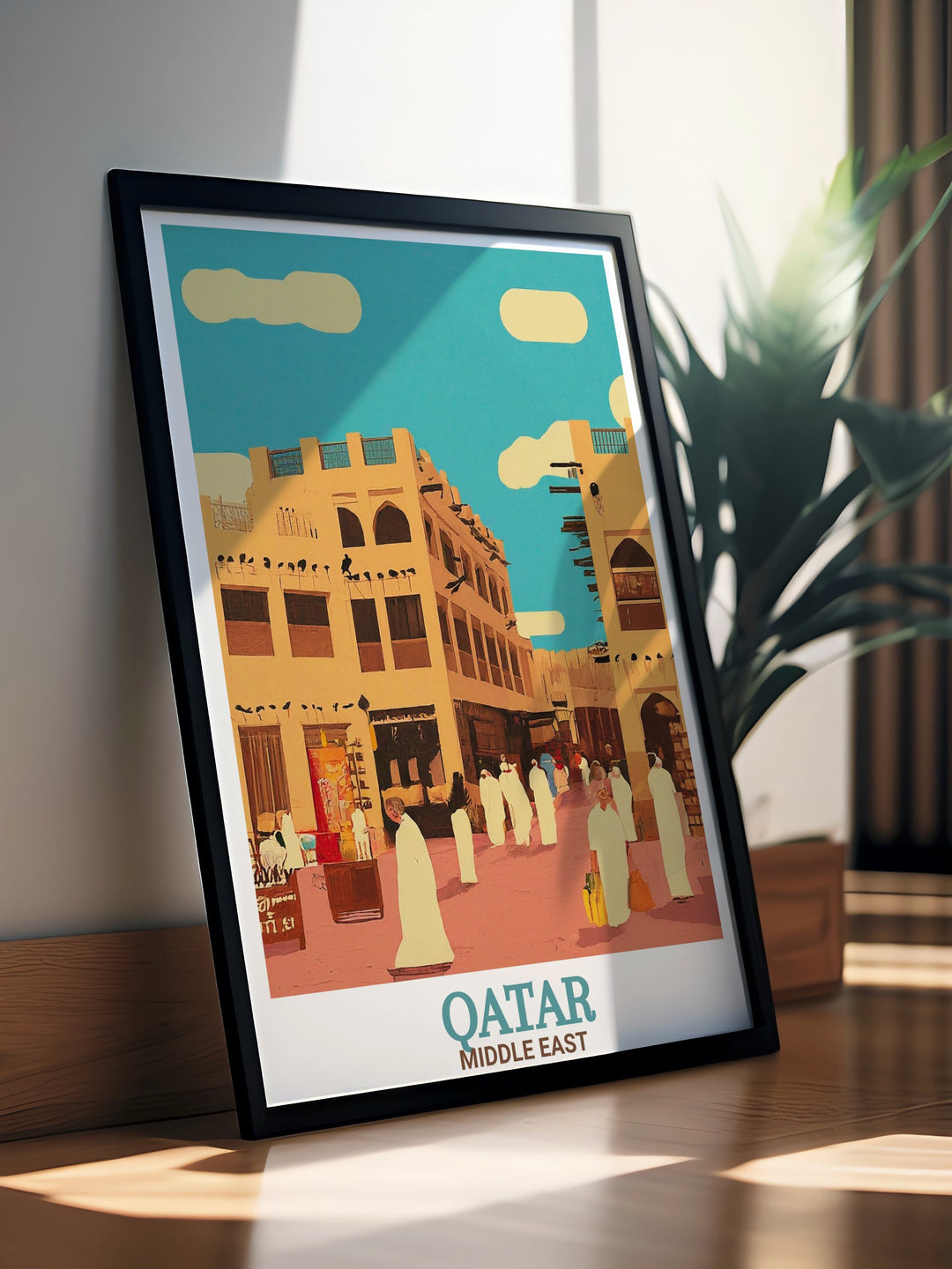 Souq Waqif travel print from Qatar. This poster is a tribute to the traditional marketplace, featuring colorful shops and the unique architectural details of this iconic destination in Doha.