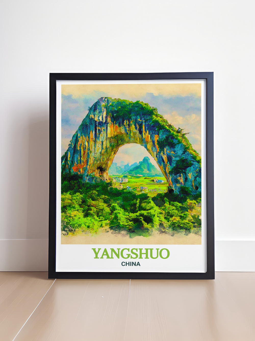 Travel poster of Moon Hill in Yangshuo, depicting the peaceful landscape and unique arch formation. This print is an excellent addition to any wall, offering a serene and timeless representation of one of Chinas most famous natural sites.