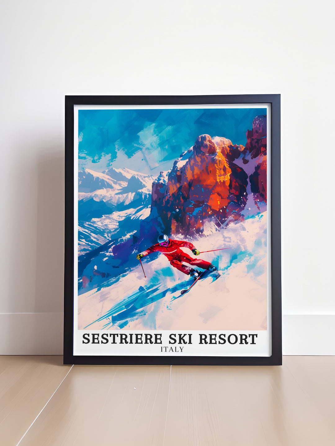 Italian Alps travel poster showcasing Sestriere Ski Resort. This high quality print brings the beauty and adventure of the mountains into your space. A great gift for winter sports lovers.