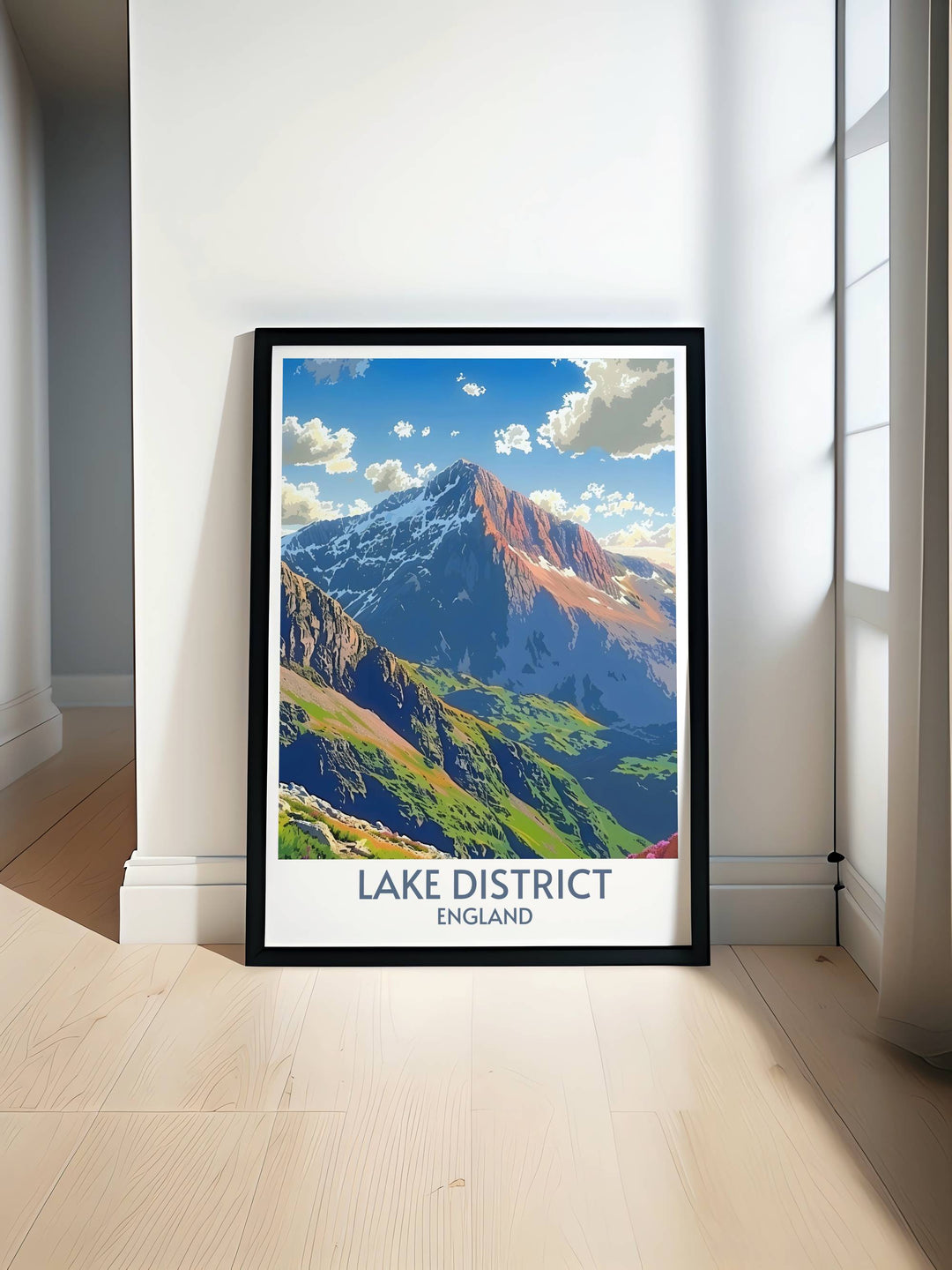Beautiful Scafell Peak art piece showcasing the stunning natural beauty of the Lake District. This vintage print captures the dramatic landscapes and rugged charm of North West Englands iconic peak, making it a perfect addition to any Lake District decor collection.