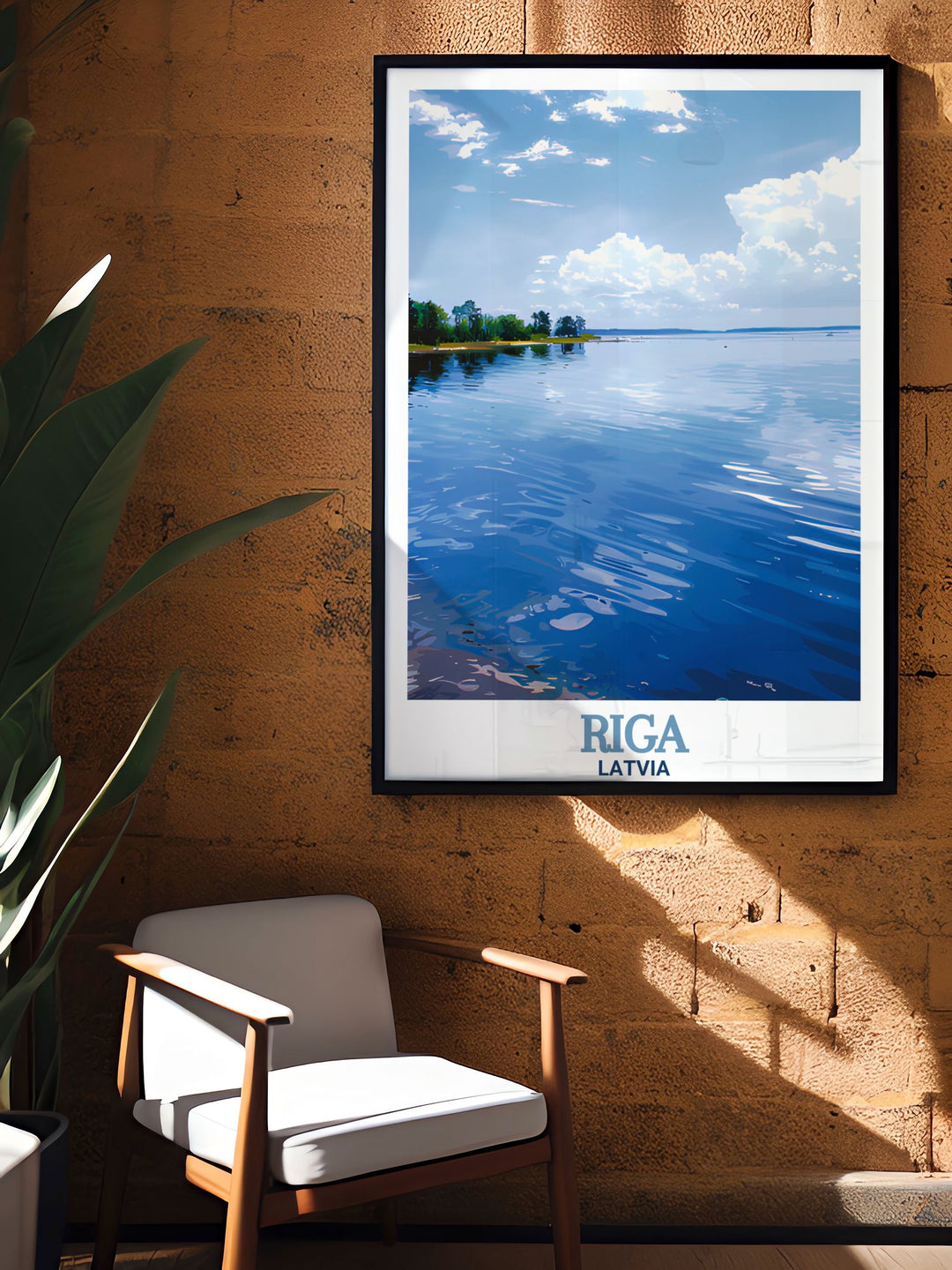 This captivating Riga poster print features the serene beauty of Lake Ķīšezers, blending the tranquility of nature with the subtle presence of Latvias capital. A perfect piece for anyone who appreciates natures calming influence.