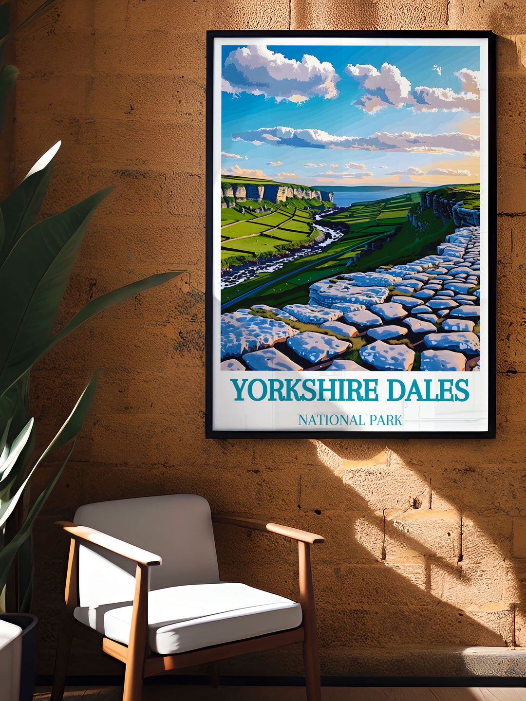 Decorate your space with this beautiful Yorkshire Dales travel print highlighting Malham Cove and the Ribblehead Viaduct a stunning National Park poster that brings the serene beauty of Yorkshires landscapes into your home or office environment.