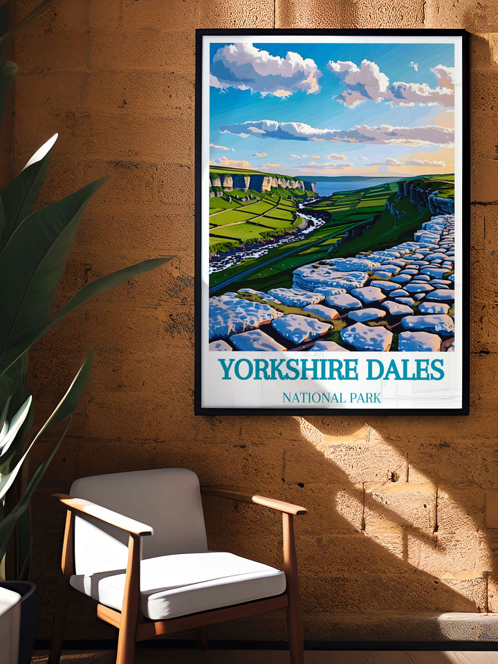 Decorate your space with this beautiful Yorkshire Dales travel print highlighting Malham Cove and the Ribblehead Viaduct a stunning National Park poster that brings the serene beauty of Yorkshires landscapes into your home or office environment.