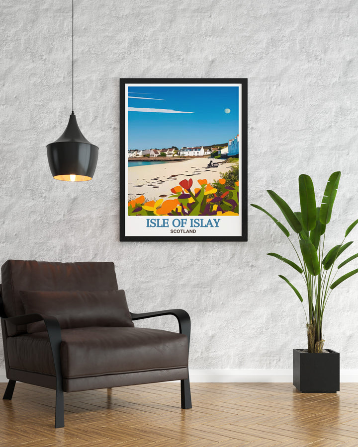 A vintage poster highlighting the charm of Port Ellen on the Isle of Islay, with its historic distillery and scenic surroundings. This print is ideal for collectors of Scottish memorabilia and lovers of coastal landscapes.