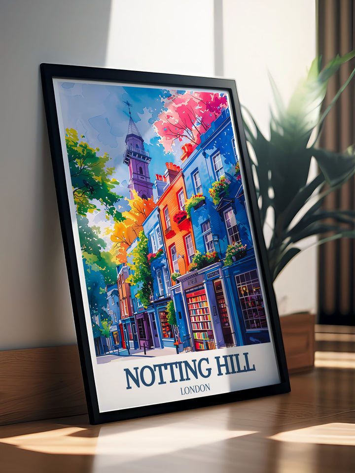 Stunning Notting Hill art featuring St. Peters Church and Notting Hill Bookshop celebrating the beauty of Bayswater London and the bustling Portobello Road making it an ideal addition to any home decor collection or a thoughtful gift for lovers of West London