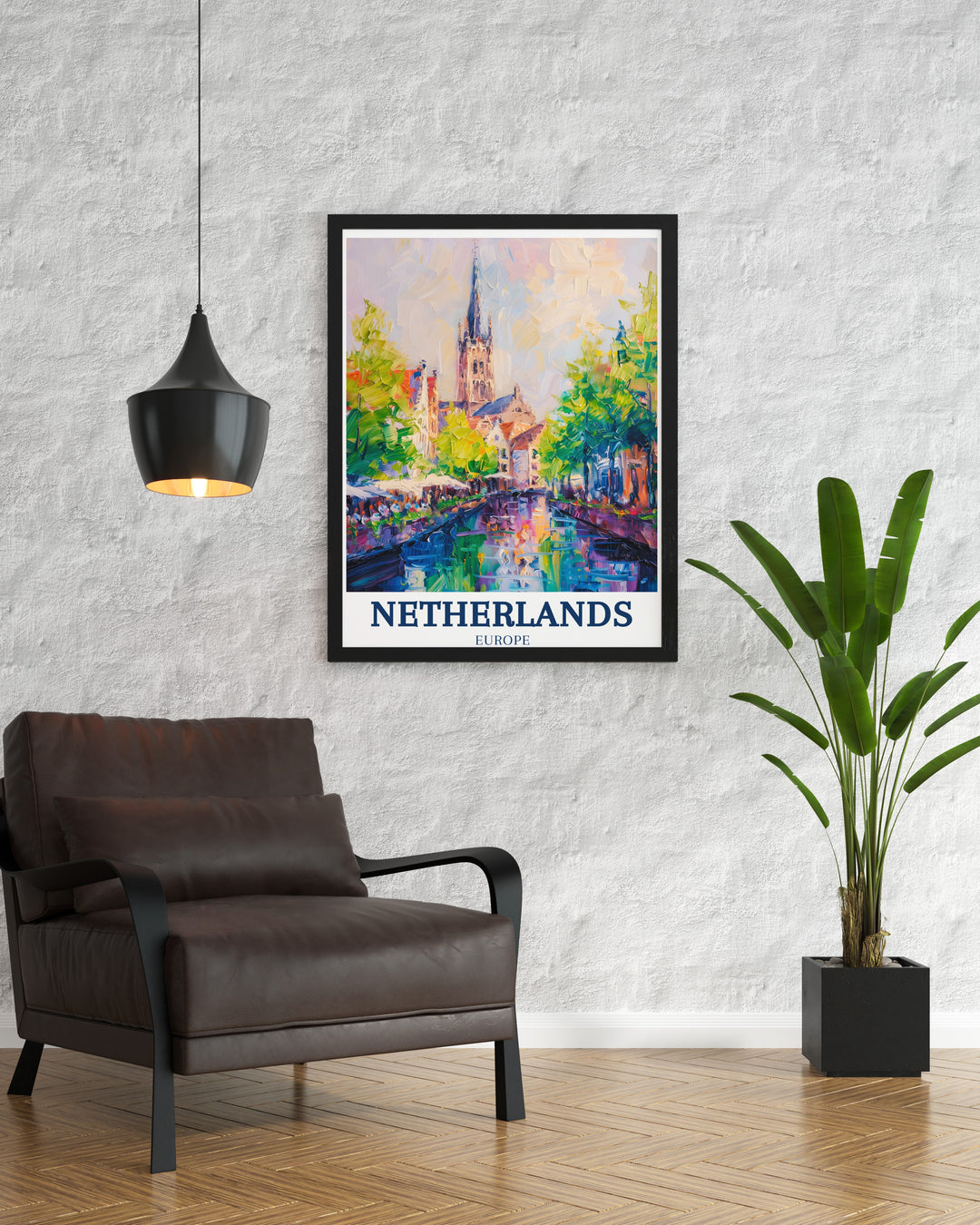 Stunning framed print of Delft New Church showcasing the intricate details of this historical landmark perfect for those who love Dutch architecture and minimal travel prints an ideal wall decor piece for sophisticated home or office settings