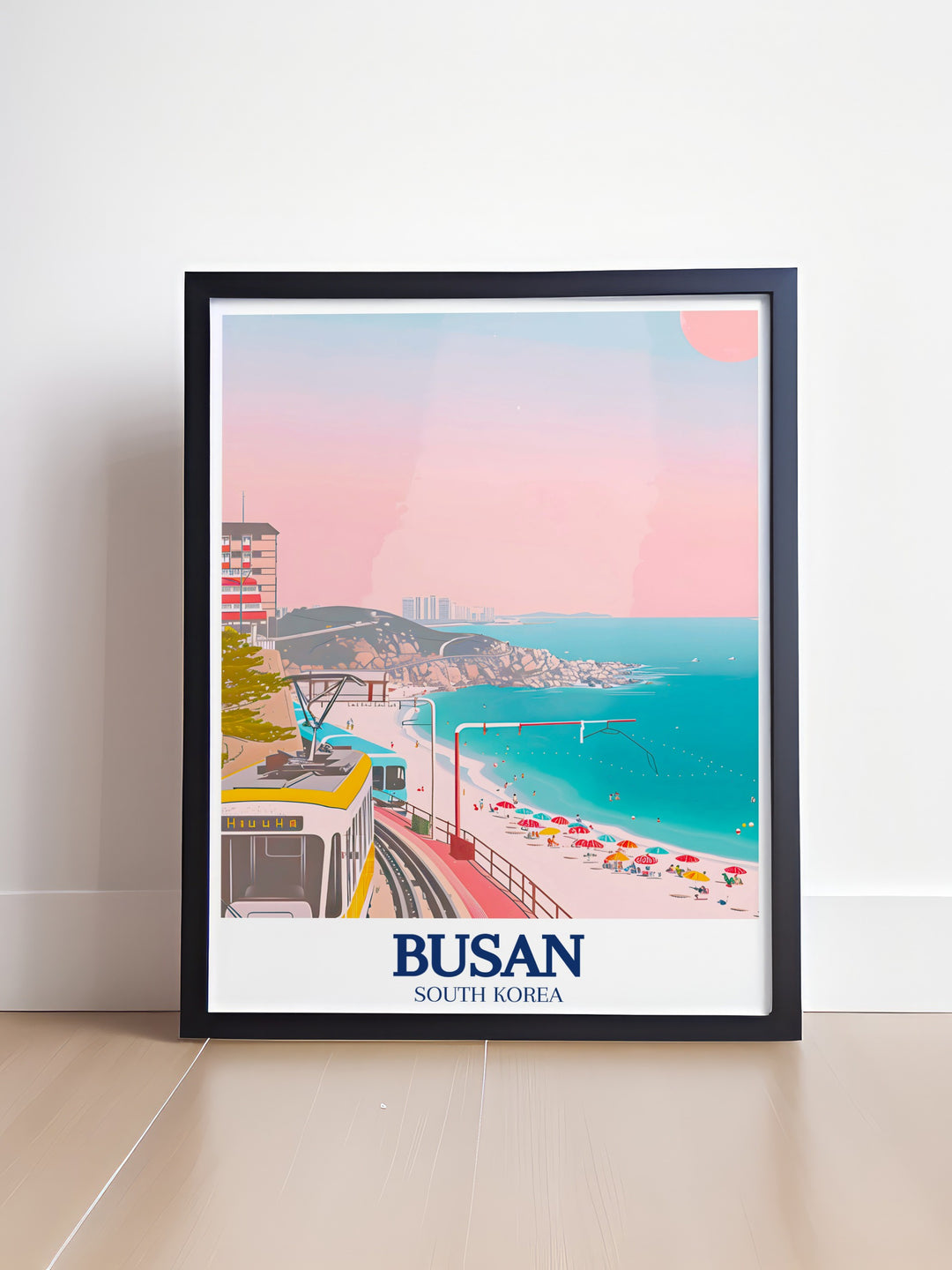 Busan art print featuring Haeundae Beach and the Haeundae Beach Train offering a serene coastal scene perfect for adding a touch of South Korea wall art to your home while celebrating one of Busans most famous beaches and cultural landmarks.