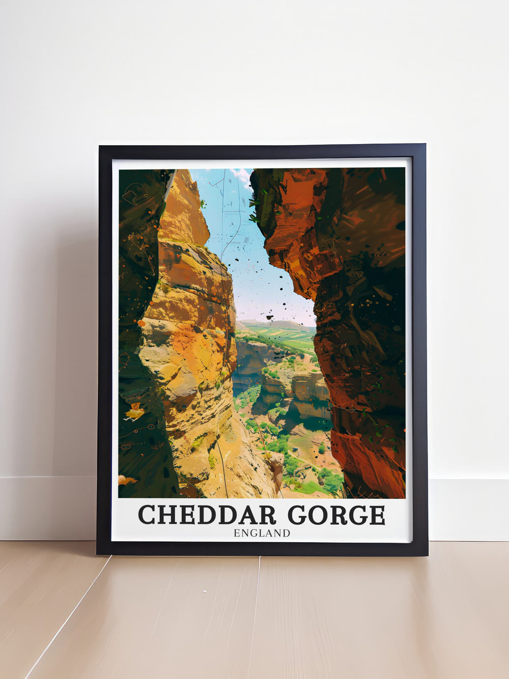 Somerset travel poster showcasing Cheddar Gorges majestic cliffs, paired with the unique geological formations of the Cheddar show caves and the rolling green hills of the Mendips, a perfect addition for nature themed décor.