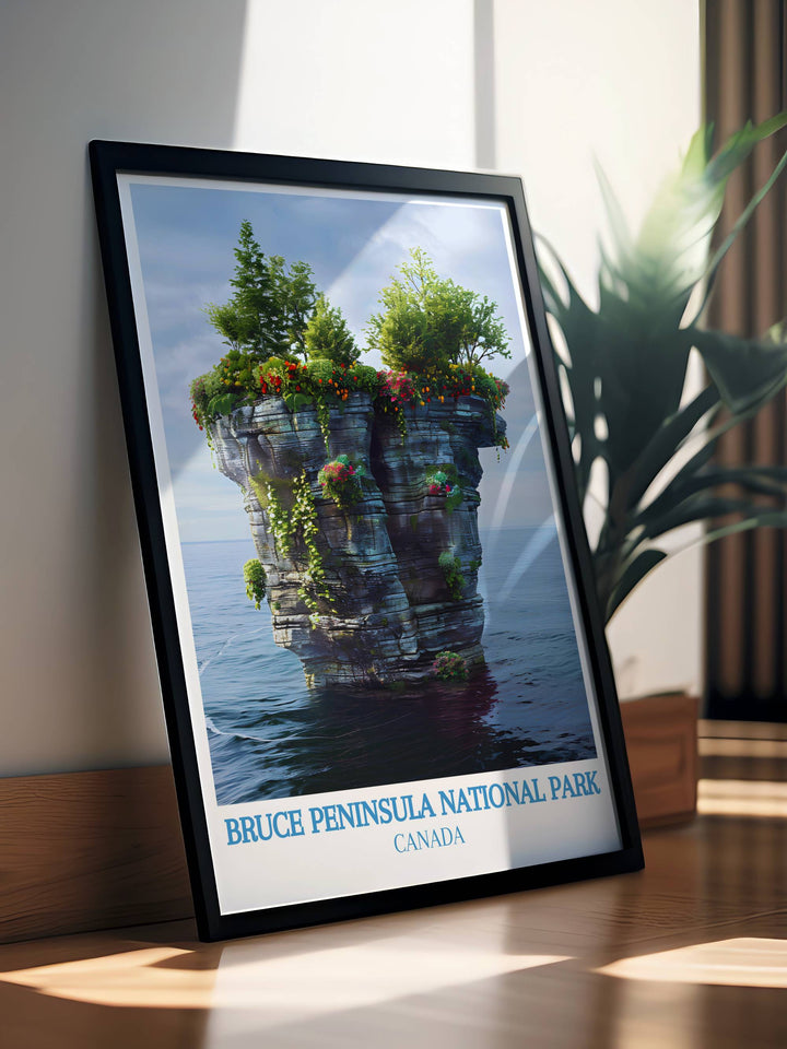 The Flowerpot Island Art showcases the stunning natural features of this iconic location making it a must have for any collection of National Park Art and a beautiful representation of Canadas wilderness
