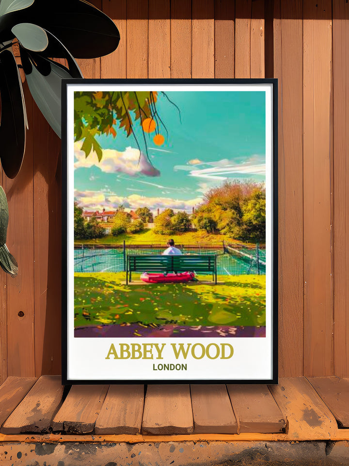 Vintage travel print of Abbey Wood and Bostall Gardens in Bexley London capturing the historic ruins of Lesnes Abbey and the lush surroundings of Bostall Woods an elegant wall decor choice for those who appreciate Londons unique landscapes