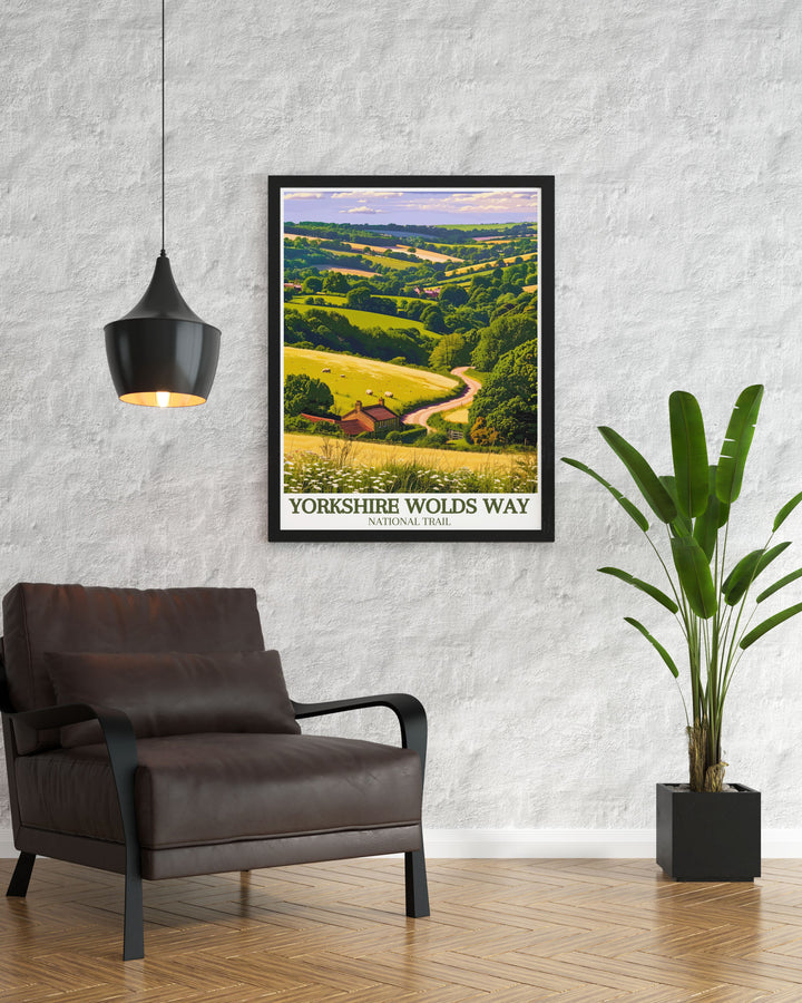 Explore the scenic beauty of the Yorkshire Wolds Way with this travel poster, capturing the trails tranquil atmosphere and diverse landscapes. Perfect for travel enthusiasts and nature lovers looking to add a touch of the UKs natural beauty to their decor.
