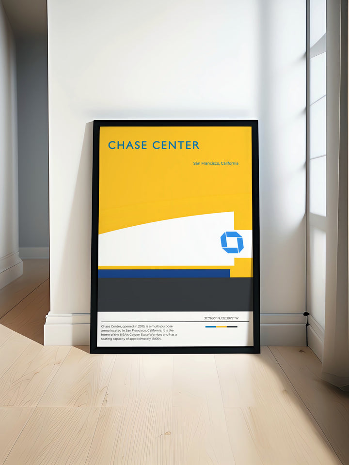 Chase Center Art Print featuring the home of the Golden State Warriors in San Francisco ideal for basketball fans looking to add bold vibrant wall art to their living space perfect for dorm rooms or as a unique gift for boys and sports lovers.