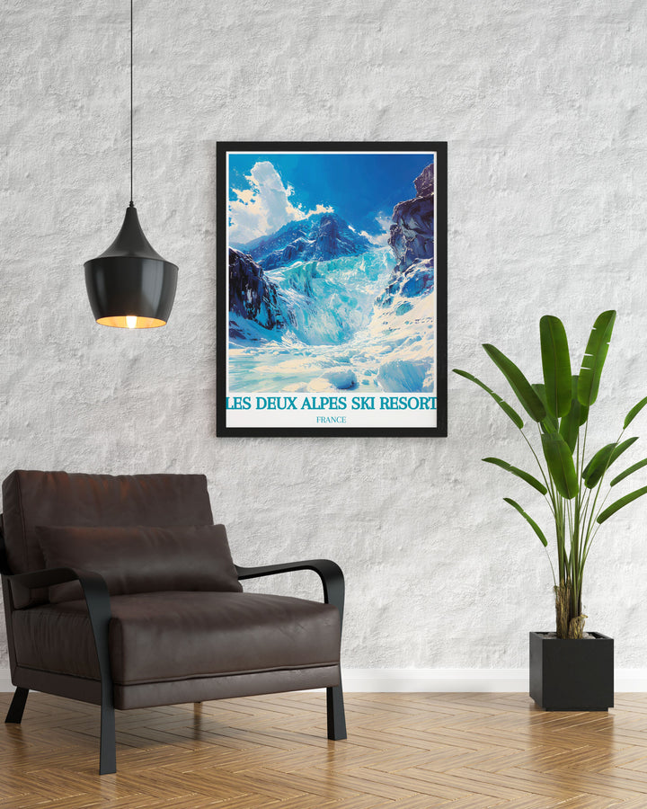 Highlighting the majestic Glacier at Les Deux Alpes, this poster features its breathtaking ice formations and panoramic alpine views, ideal for winter sports enthusiasts and lovers of natural beauty.