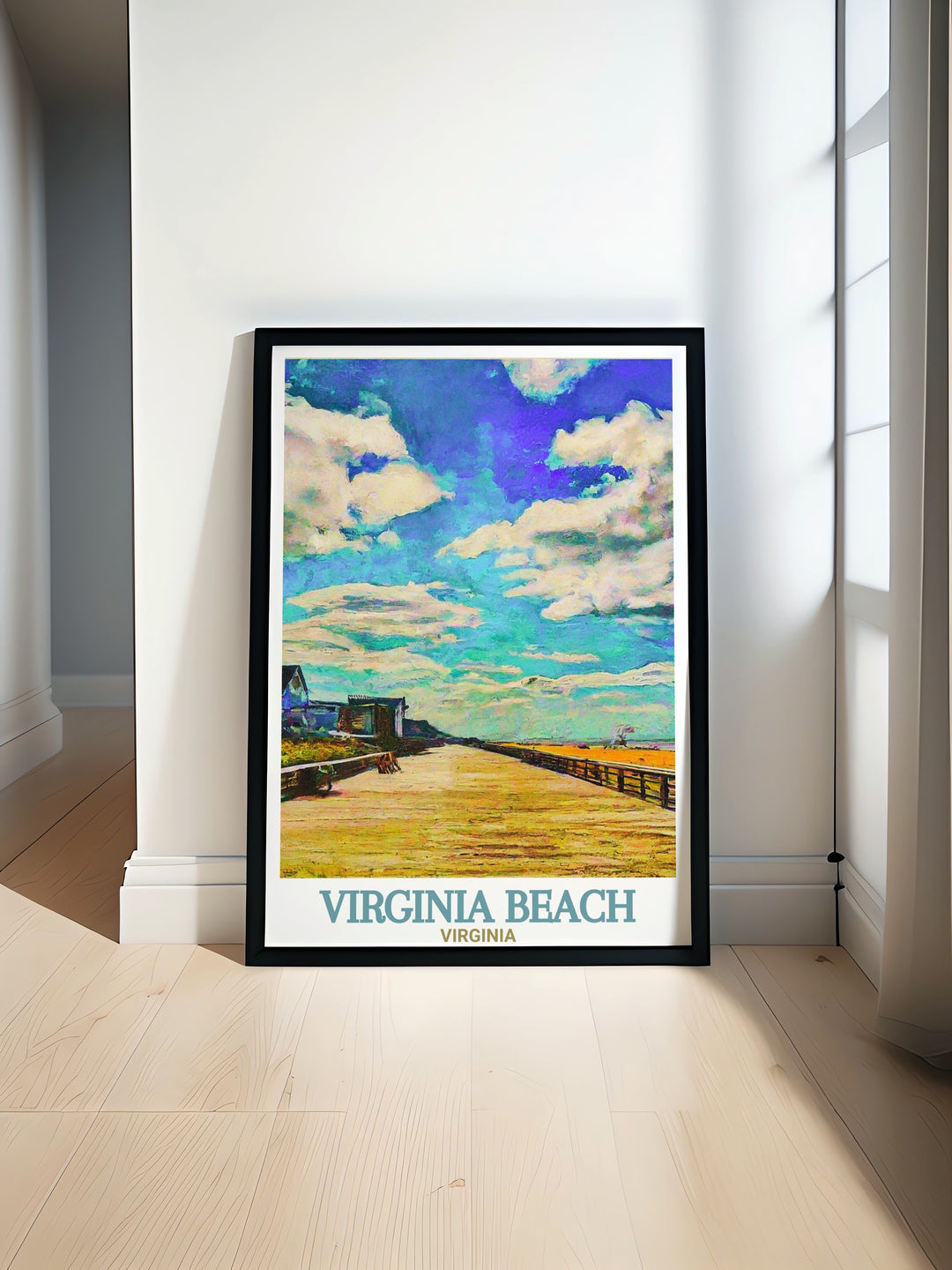 Virginia Beach print featuring colorful art and fine line details with Virginia Beach Boardwalk perfect for home decor and gifts adding a vibrant touch to any room ideal for those who love urban landscapes and unique artwork