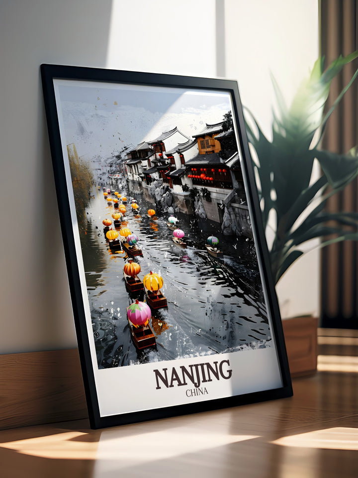 This Qinhuai River Wall Art showcases Nanjings rich history through the depiction of one of its most famous landmarks. The artworks clean lines and traditional architectural elements make it a timeless addition to any space. Ideal for those seeking to add a touch of Asia to their walls, this piece brings Nanjing to life.