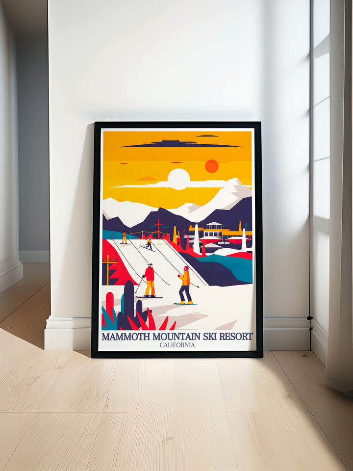 This Mammoth Mountain Ski Resort Poster showcases the breathtaking slopes of Californias renowned ski destination. The halfpipe, a freestyle favorite, and the vibrant après ski scene are captured in this stunning canvas art, making it an ideal addition to any adventurers home or office décor.