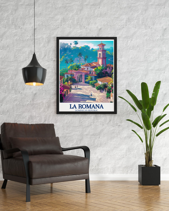 Beautiful canvas art depicting Altos de Chavón and its Mediterranean village aesthetic, located in the heart of La Romana. The travel print brings the rich history and scenic views of this unique Caribbean destination into your home.