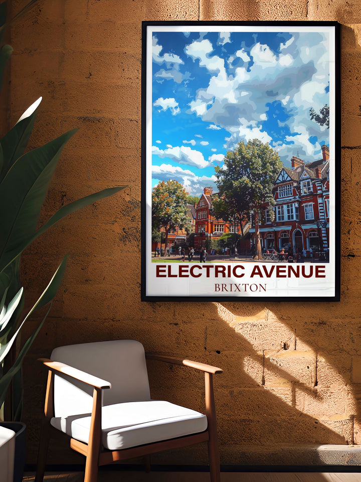 Electric Avenue and Windrush Square are highlighted in this travel poster, capturing their lively charm and the vibrant spirit of Brixtons streets, perfect for your living space.