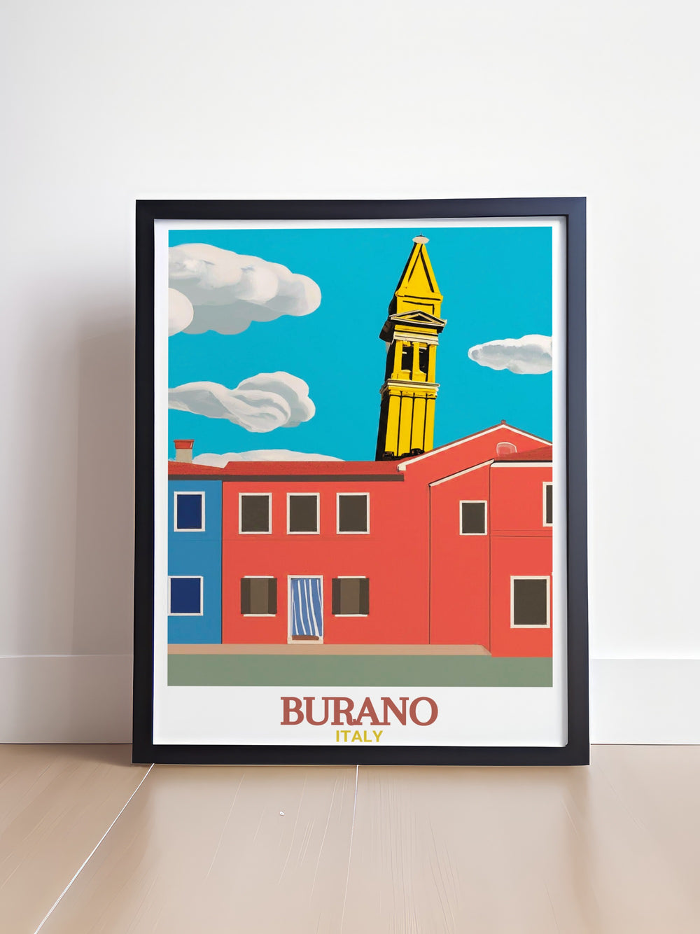 Beautiful Burano skyline featuring colorful houses and the iconic San Martino Church. This Burano Print adds a touch of Venetian elegance to your home decor perfect for art and travel enthusiasts.
