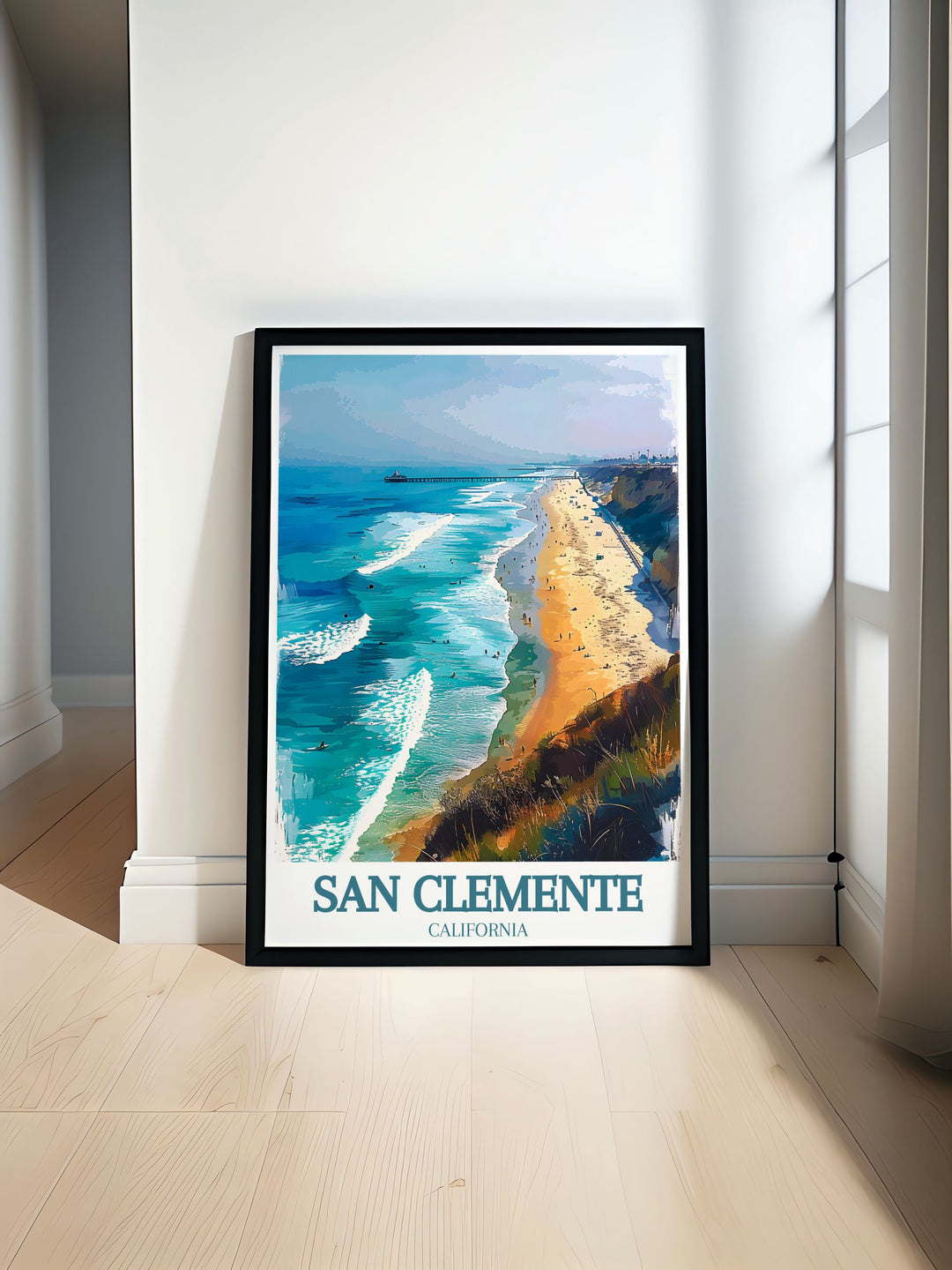 San Clemente Print showcasing the vibrant cityscape with San Clemente train rail San Clemente pier. This fine line print adds a colorful and modern touch to any wall perfect for home decor and gifts for friends and family