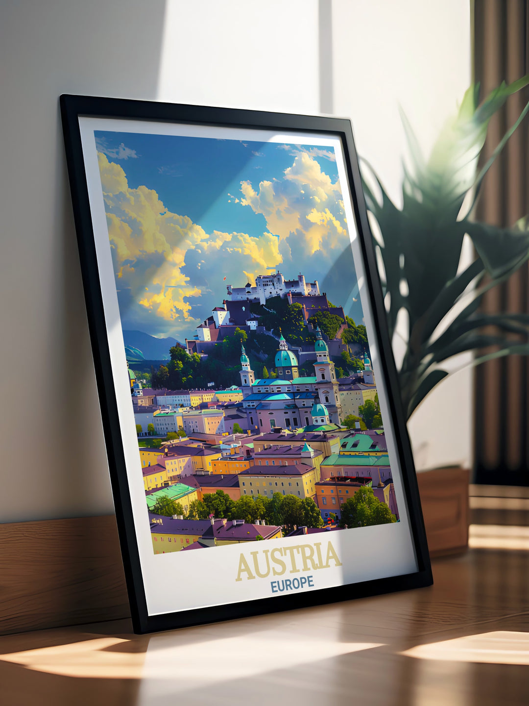 Austria print featuring Salzburgs Historic Center combines fine line details and colorful art. Perfect for adding sophistication to your living room decor or as a thoughtful gift for friends and loved ones on anniversaries and other special occasions.