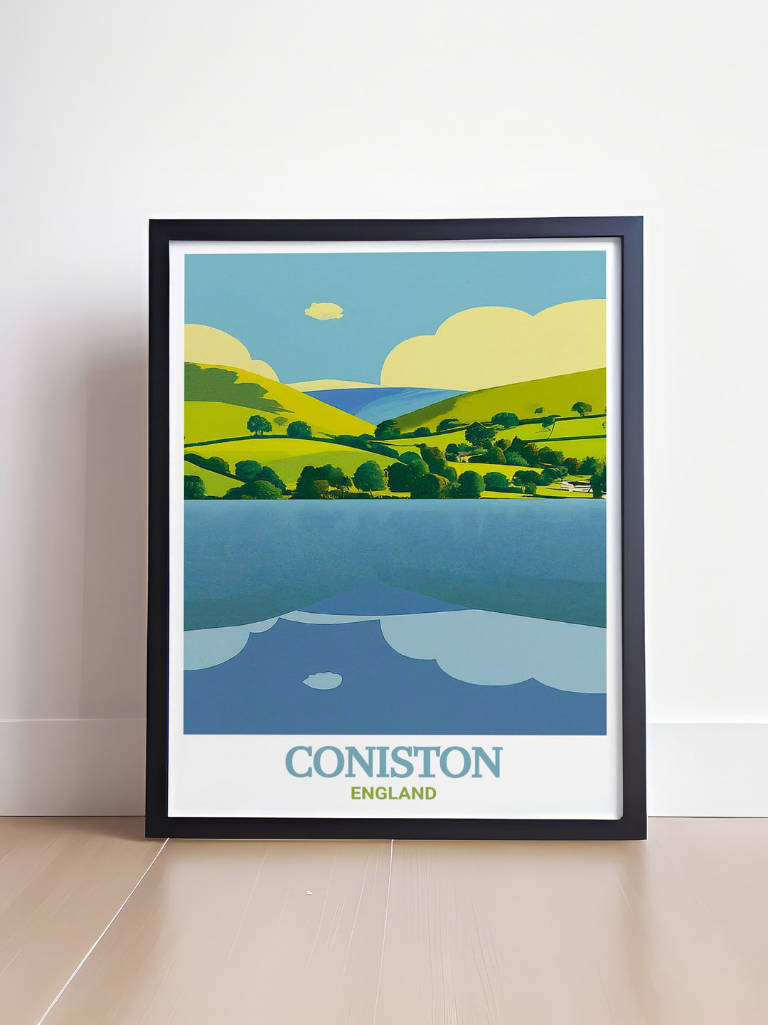 Detailed art print of Coniston Water in Englands Lake District, capturing the serene beauty of the calm waters and surrounding fells, perfect for adding a touch of nature to your home decor.