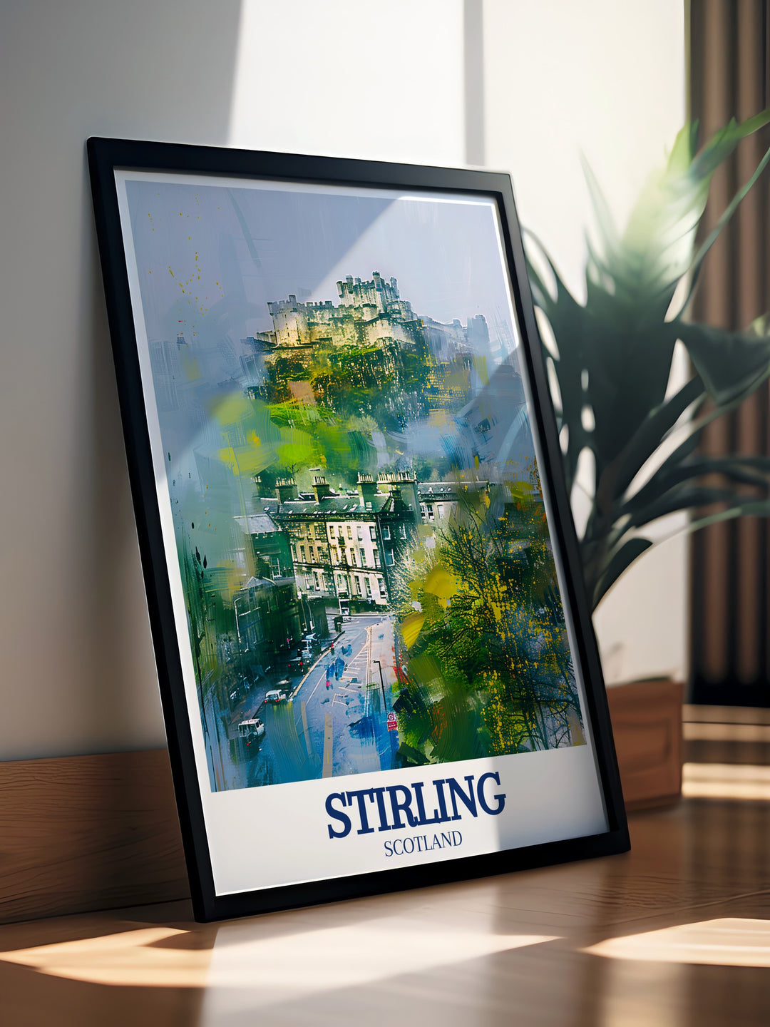 Our travel poster of Stirling Castle and Stirling Hill offers a stunning view of Scotlands historic heartland. The artwork celebrates the timeless beauty of these landmarks, making it a great addition to any room or a thoughtful gift for lovers of Scottish culture.