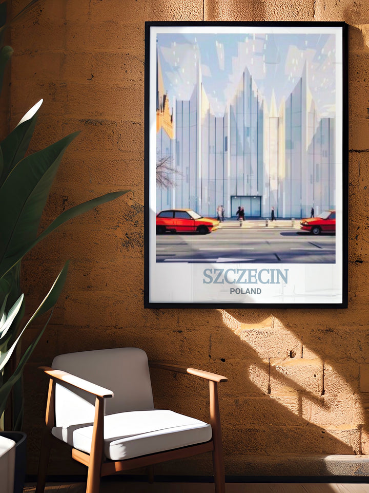 Szczecin Philharmonic poster showcasing the iconic modern architecture of the Philharmonic Hall in Poland. This vibrant print captures the buildings unique design, perfect for adding a touch of contemporary elegance to any space.