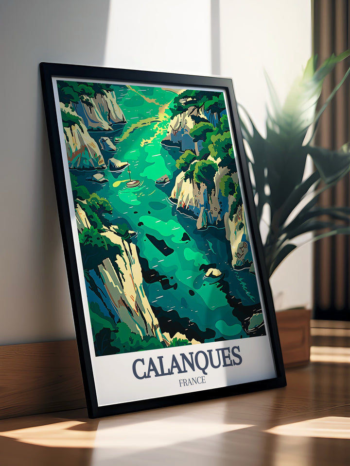 Add Mediterranean art to your collection with this travel print of Calanque de Sormiou and Calanque de Morgiou highlighting the natural beauty of the French Riviera perfect for those who love Marseille wall art and stunning French travel posters.