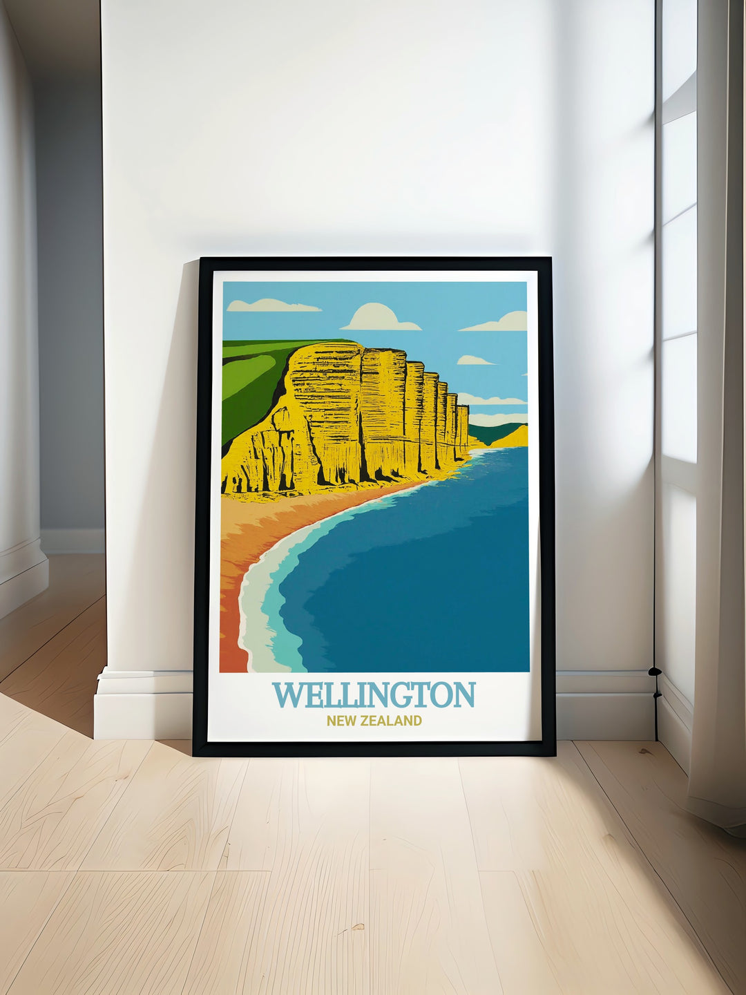 England travel poster showcasing the stunning cliffs of West Bay along the Jurassic Coast. This canvas art captures the beauty of the natural landscape, making it a great addition to any room or as a thoughtful gift for travelers.