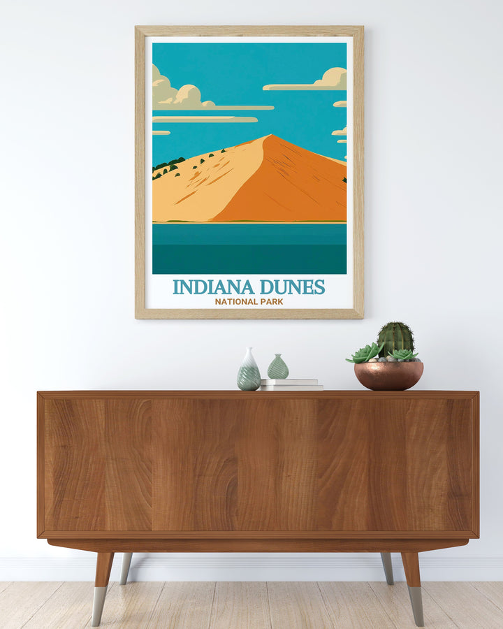 Indiana Dunes National Park poster print featuring Mount Baldy and the sweeping landscape of sand dunes and Lake Michigan. Perfect for home décor or as a gift, this travel poster captures the beauty of one of the Midwests most iconic national parks.