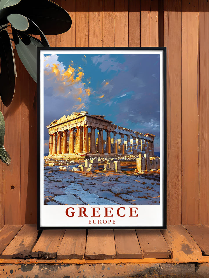 This Athens travel poster captures the majesty of the Acropolis, one of Greeces most treasured historic sites. The detailed artwork and high quality print make it a perfect addition for anyone seeking to incorporate classical beauty into their home.