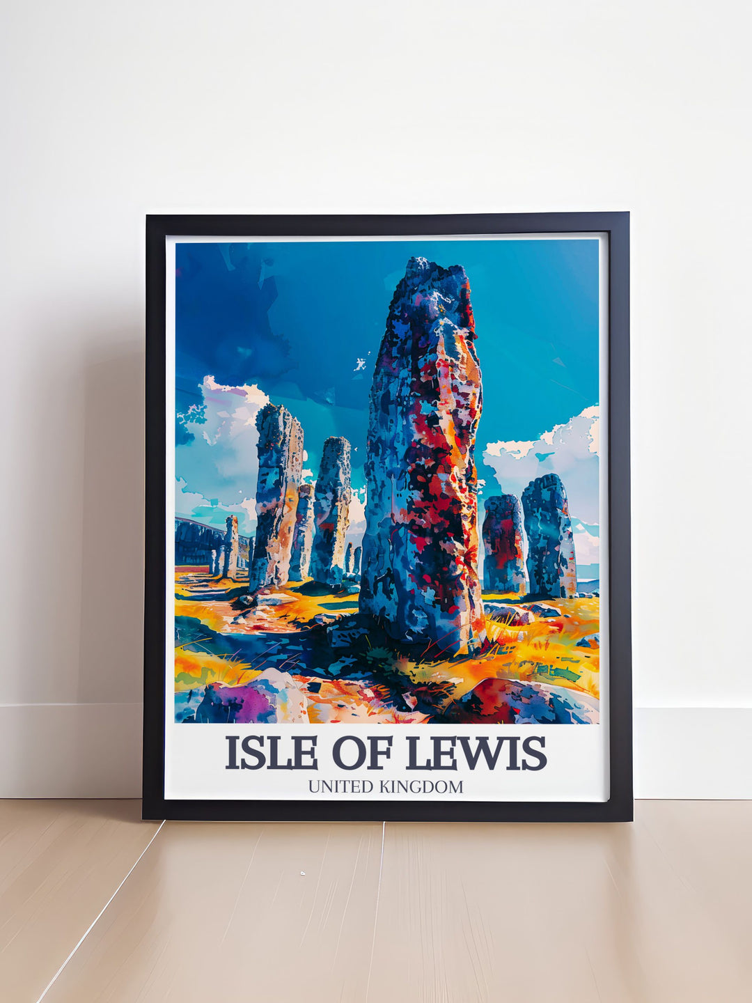 This vintage poster of the Callanish Stones pays tribute to its historical significance and timeless beauty. The classic design and striking colors evoke a sense of nostalgia, ideal for those who appreciate the rich heritage of Scotlands landscapes.